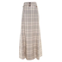 Burberry London Beige Checked Linen Belted Maxi Skirt L For Sale at 1stDibs