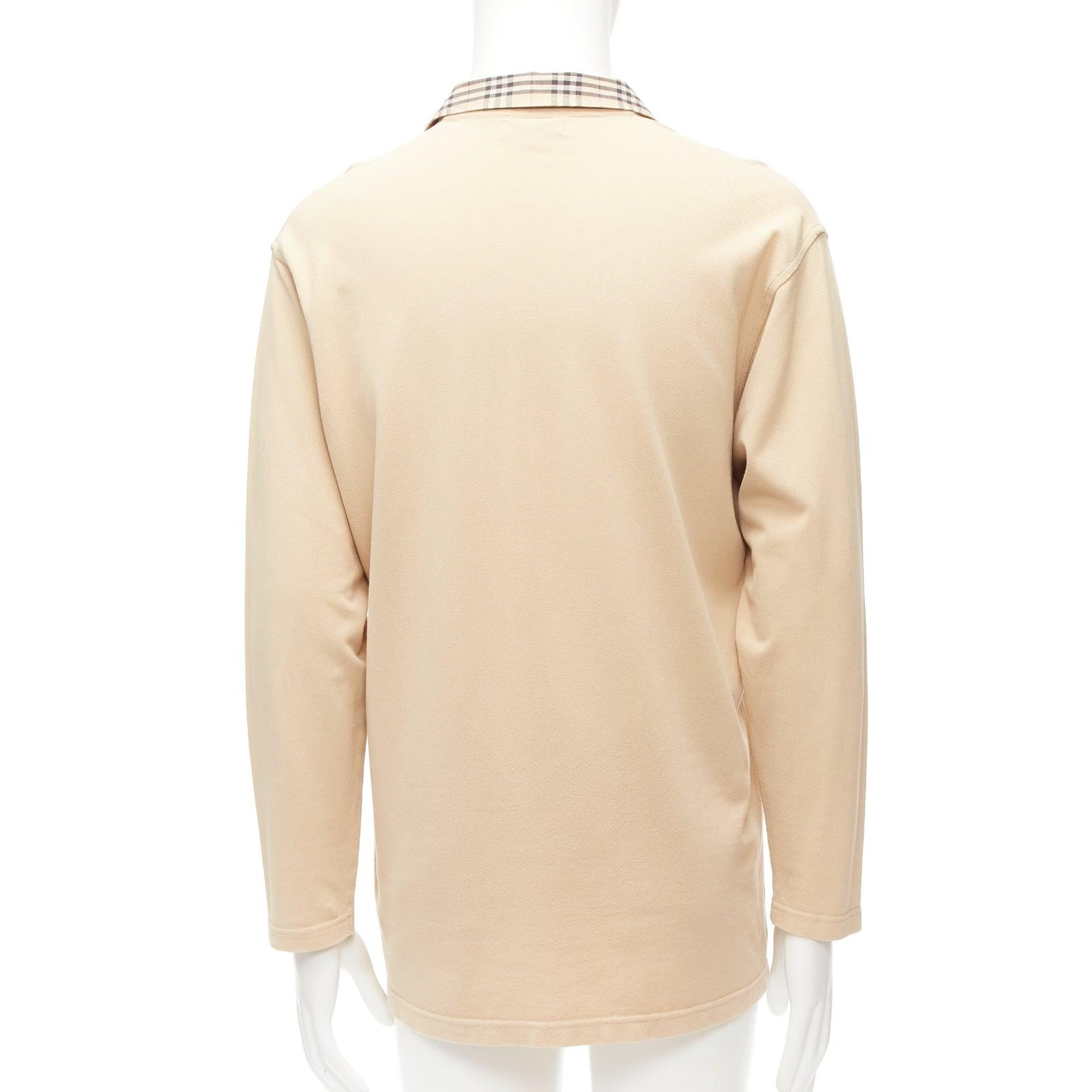 Men's BURBERRY LONDON beige House Check collar relaxed long sleeve polo shirt L For Sale