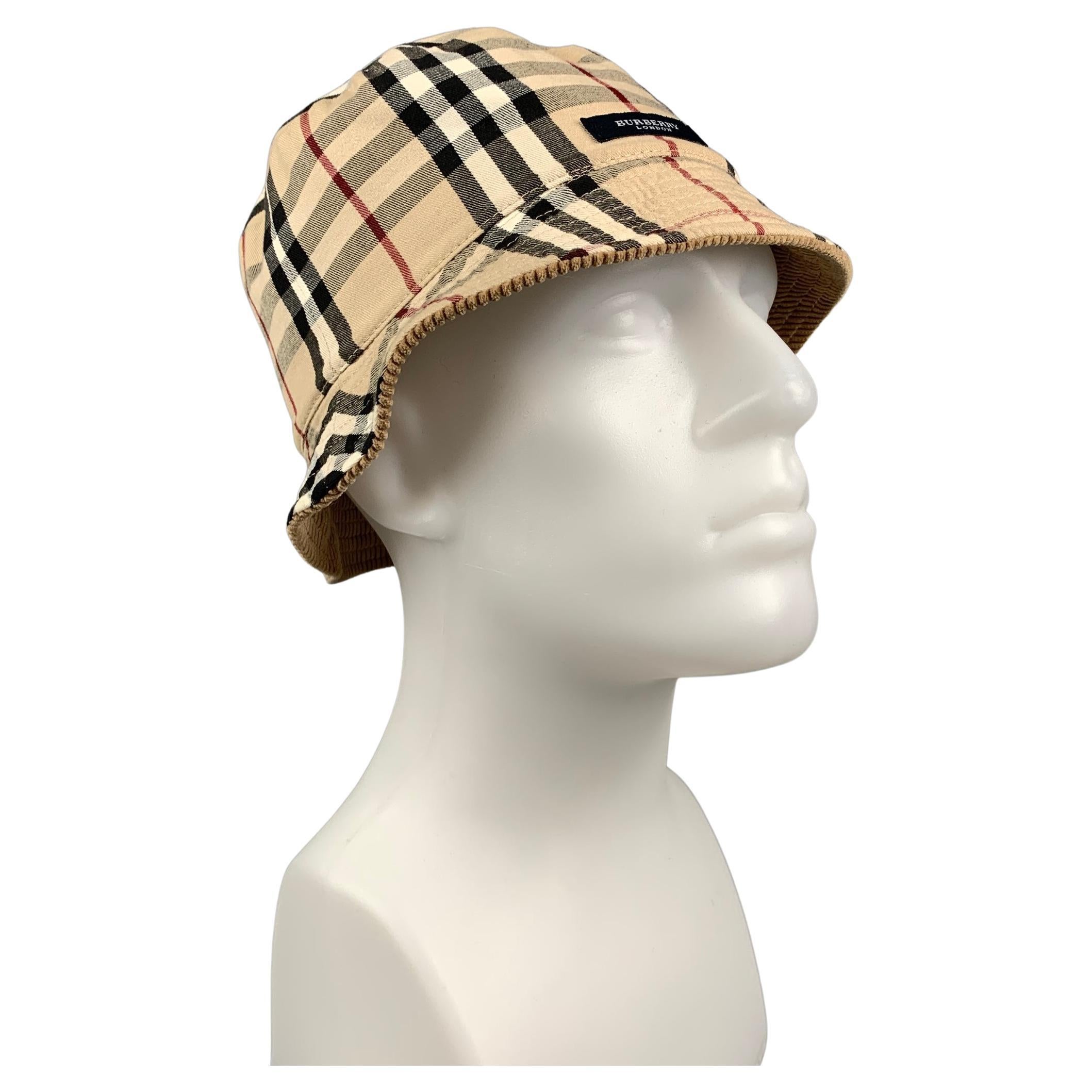 BURBERRY LONDON Beige and Tan Plaid Corduroy Cotton Reversible Bucket Hat  at 1stDibs