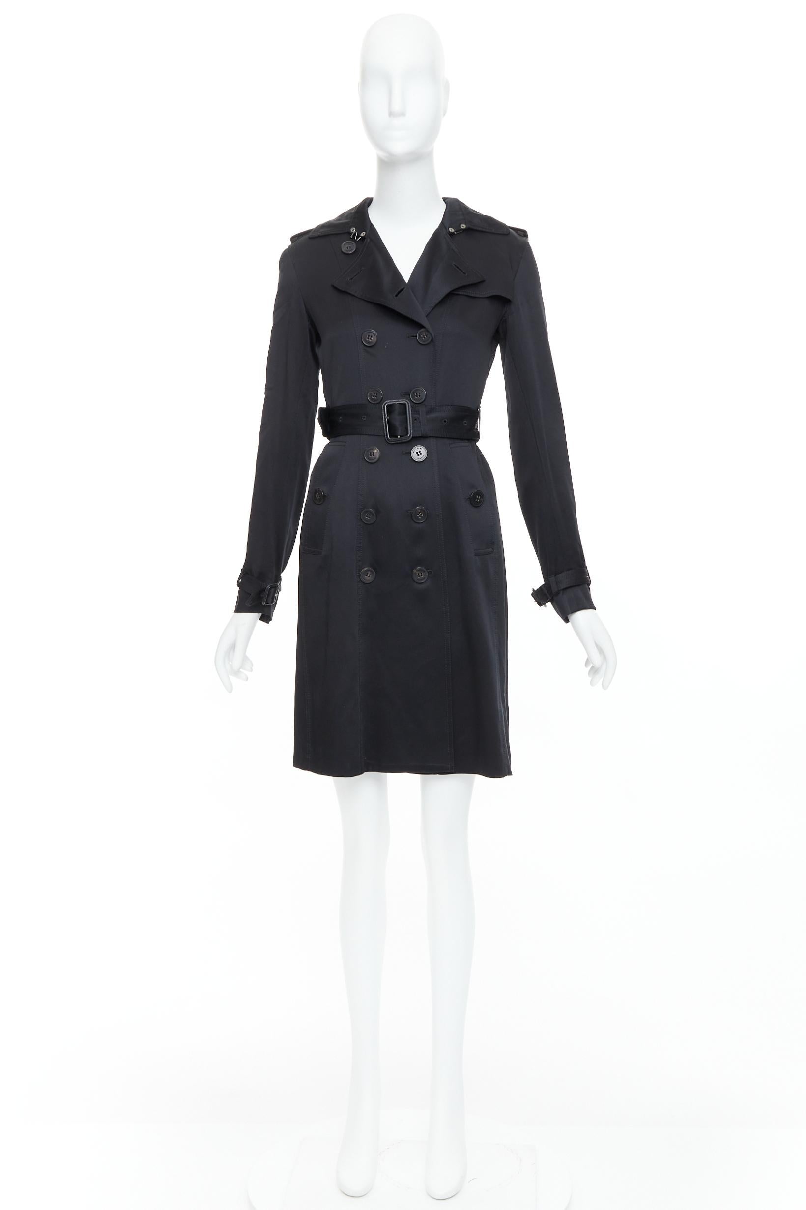 BURBERRY LONDON black 100% silk check lined belted trench coat For Sale 5