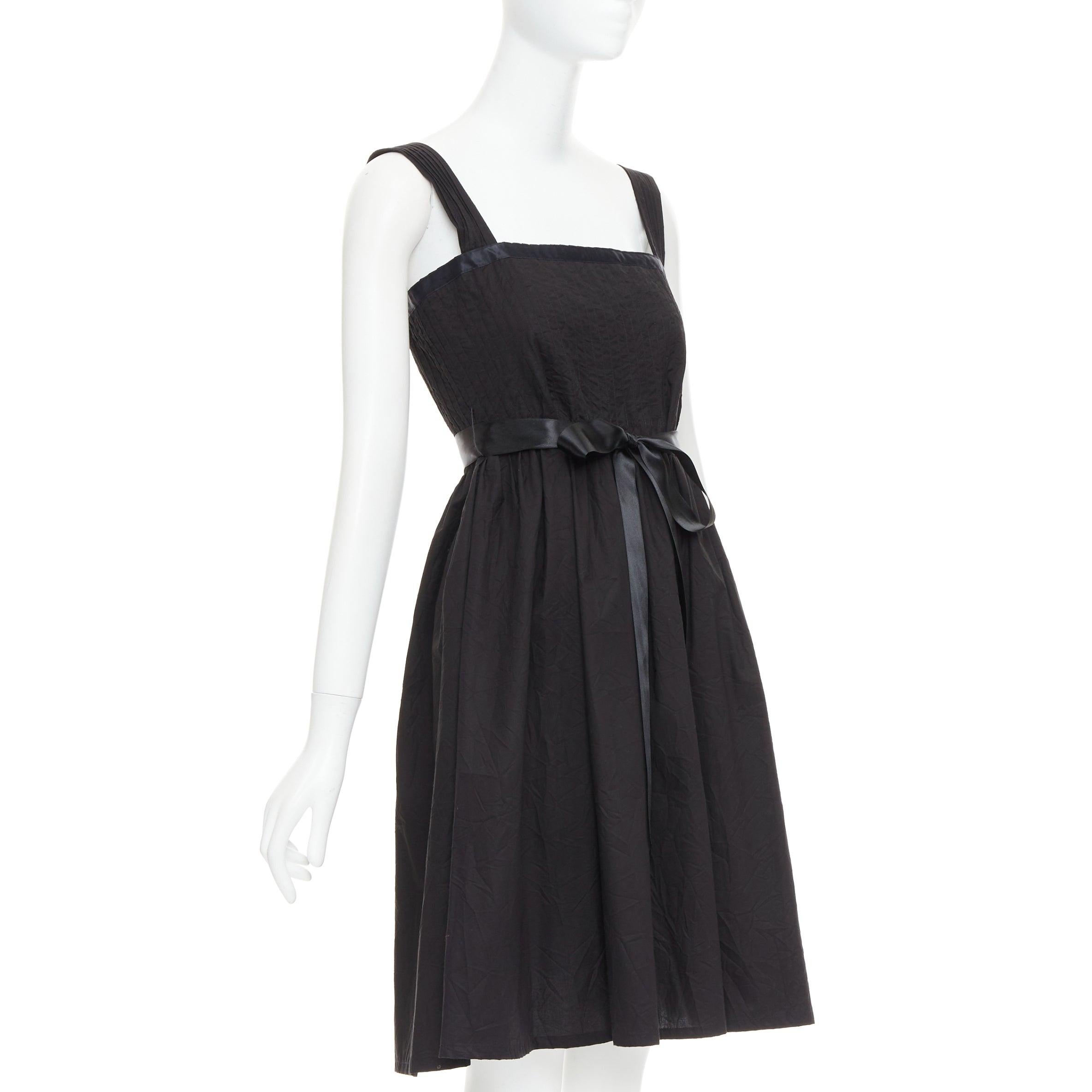 Black BURBERRY LONDON black cotton pleated waist ribbon tie babydoll dress UK8 S For Sale