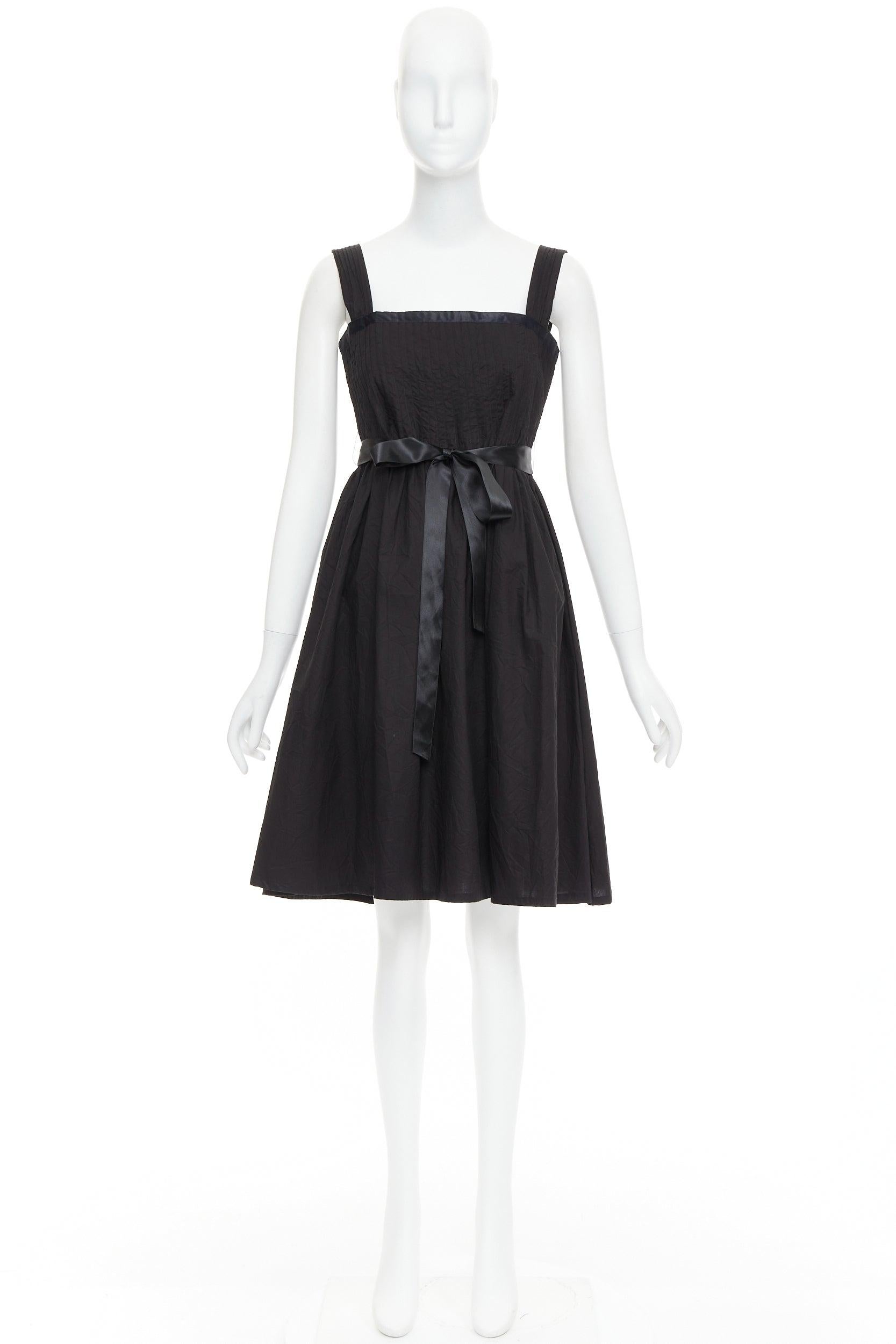 BURBERRY LONDON black cotton pleated waist ribbon tie babydoll dress UK8 S For Sale 4
