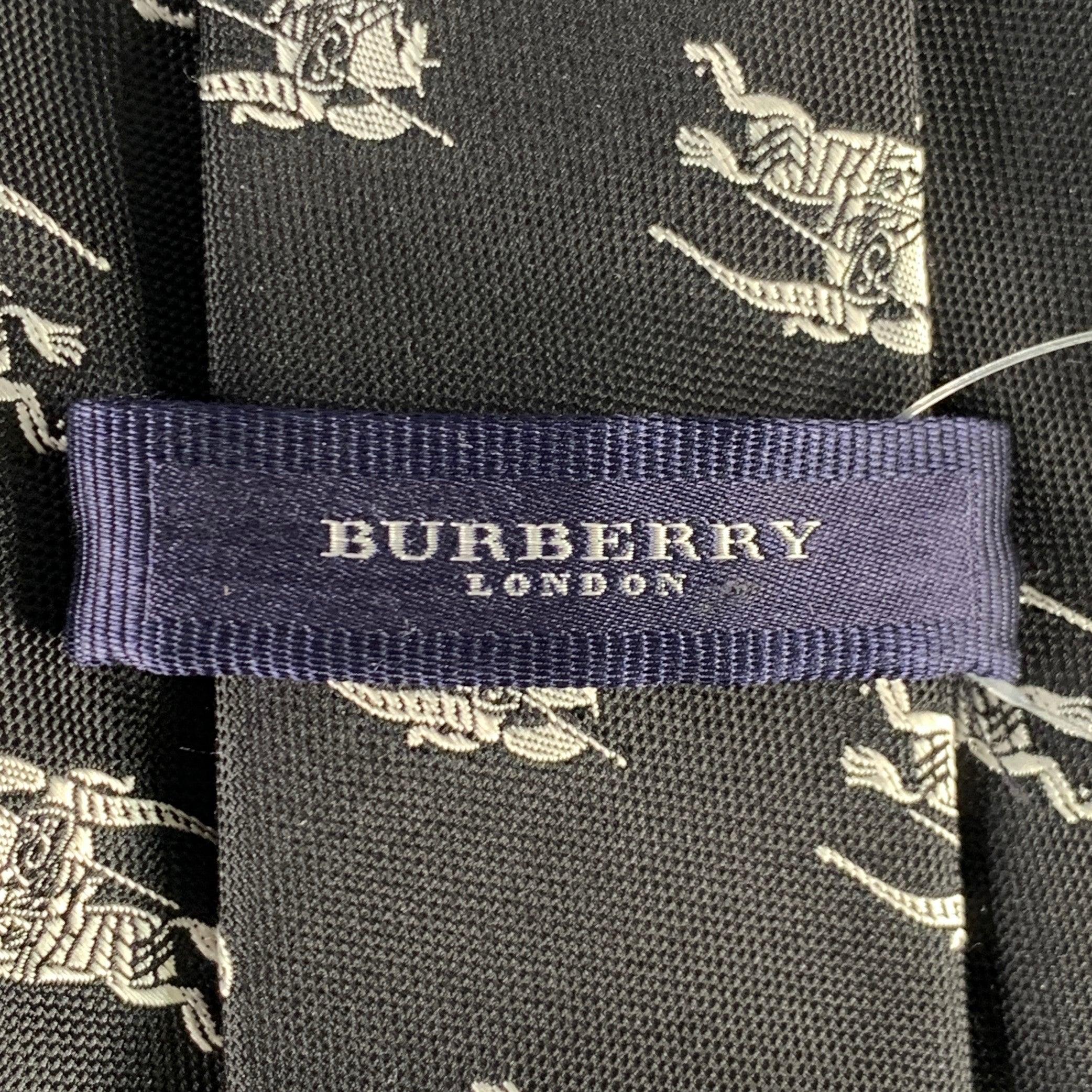 Men's BURBERRY LONDON Black White Logo Silk Tie