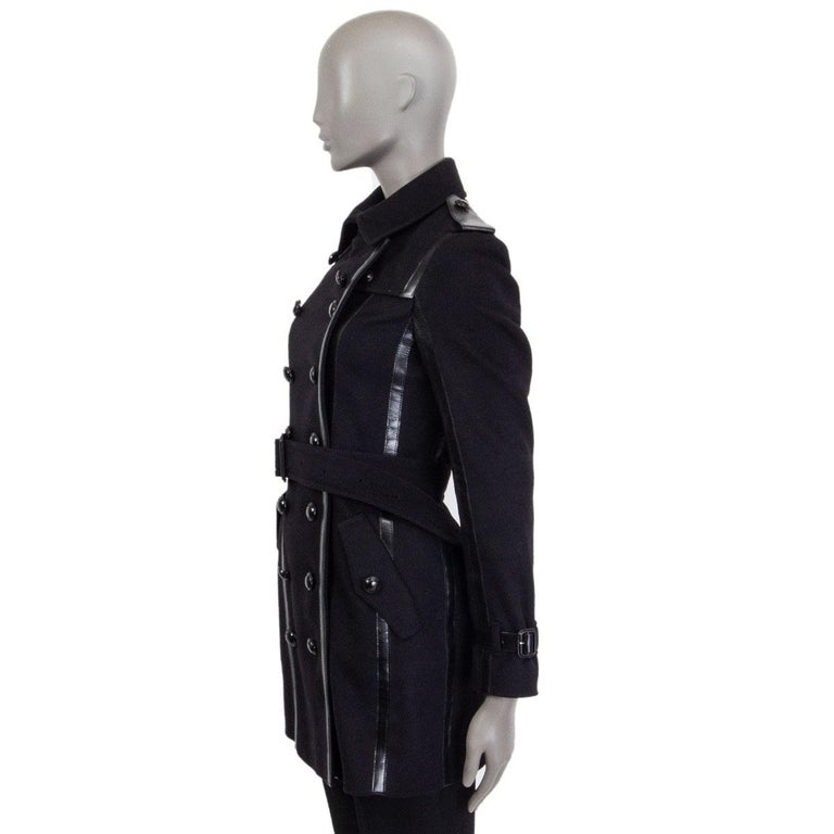 BURBERRY LONDON black wool LEATHER TRIMMED DOUBLE BREASTED Coat Jacket ...