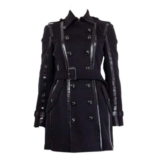 BURBERRY LONDON black wool LEATHER TRIMMED DOUBLE BREASTED Coat Jacket ...