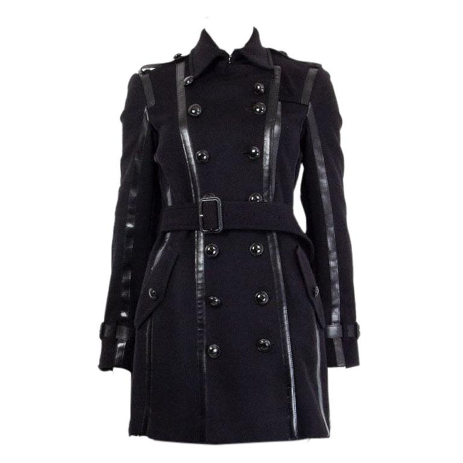 BURBERRY LONDON black wool LEATHER TRIMMED DOUBLE BREASTED Coat Jacket 6 XS  For Sale at 1stDibs
