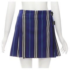BURBERRY LONDON blue house stripe leather buckle mini flared skirt UK6 US4 S