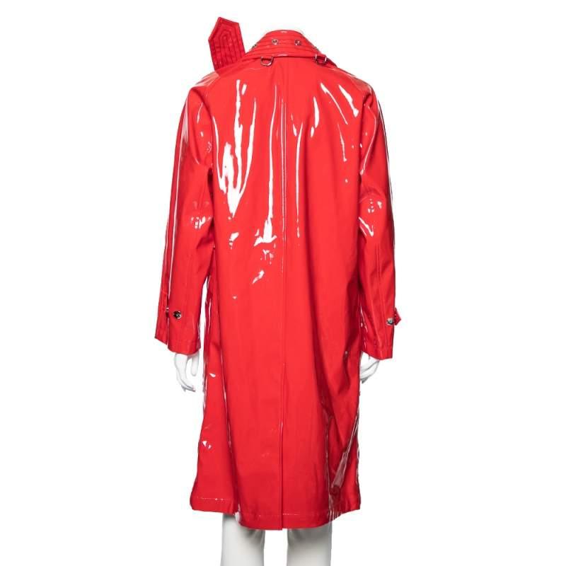 Burberry London Bright Red Faux Leather Belt Detail Coat S In Fair Condition For Sale In Dubai, Al Qouz 2