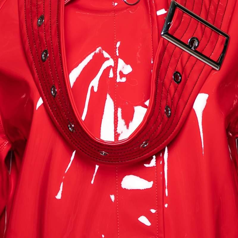 Women's Burberry London Bright Red Faux Leather Belt Detail Coat S For Sale