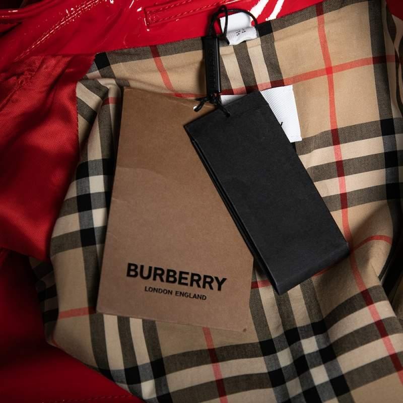 Burberry London Bright Red Faux Leather Belt Detail Coat S For Sale 3