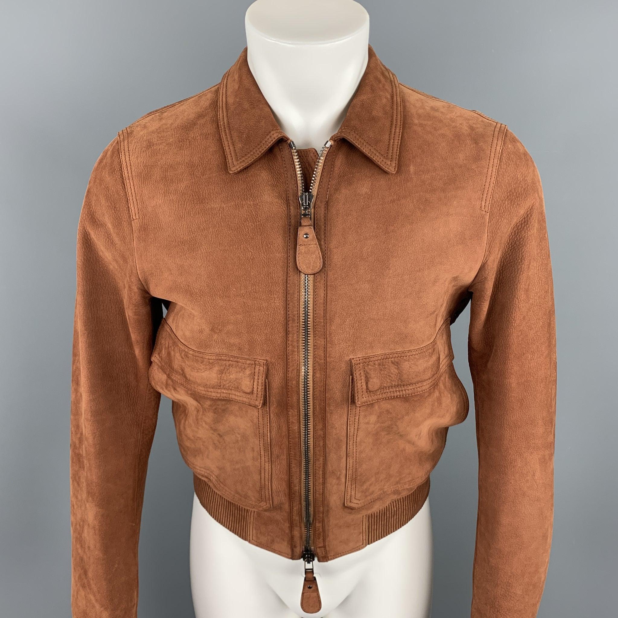 BURBERRY LONDON Chest Size 38 Brick Solid Zip Up Nubuck Leather Jacket In Good Condition For Sale In San Francisco, CA