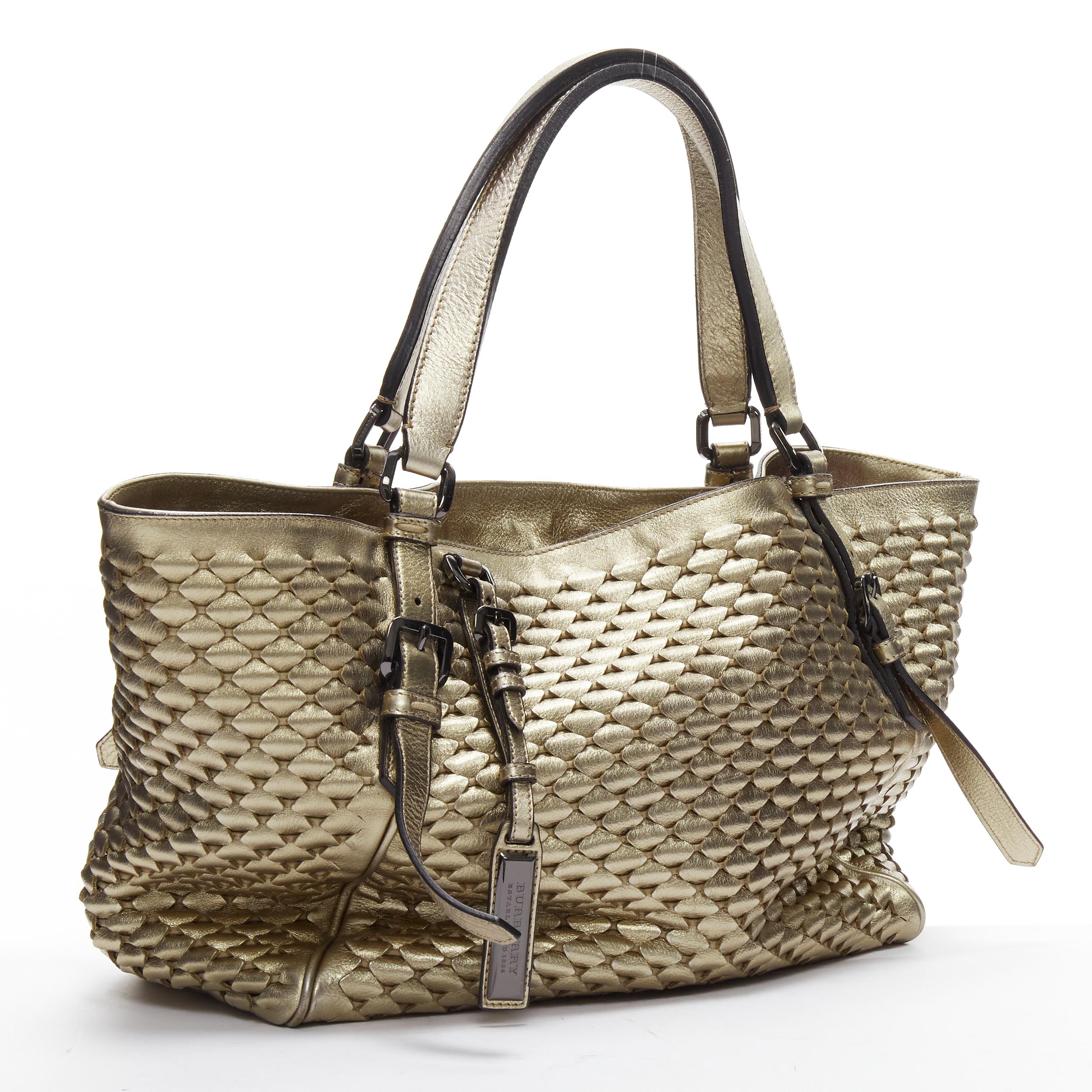 Brown BURBERRY LONDON gold woven textured leather belted large top handle tote bag