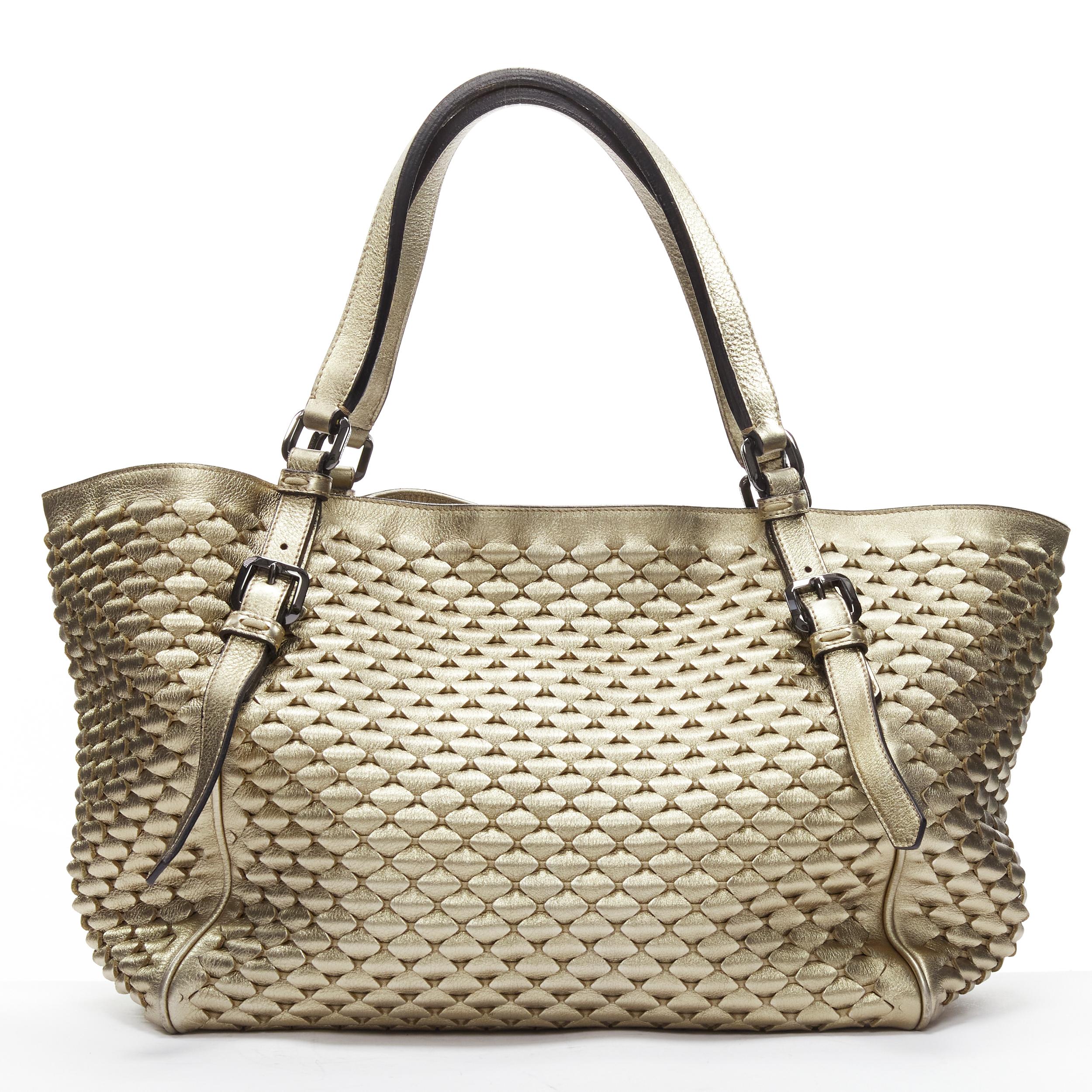 Women's BURBERRY LONDON gold woven textured leather belted large top handle tote bag