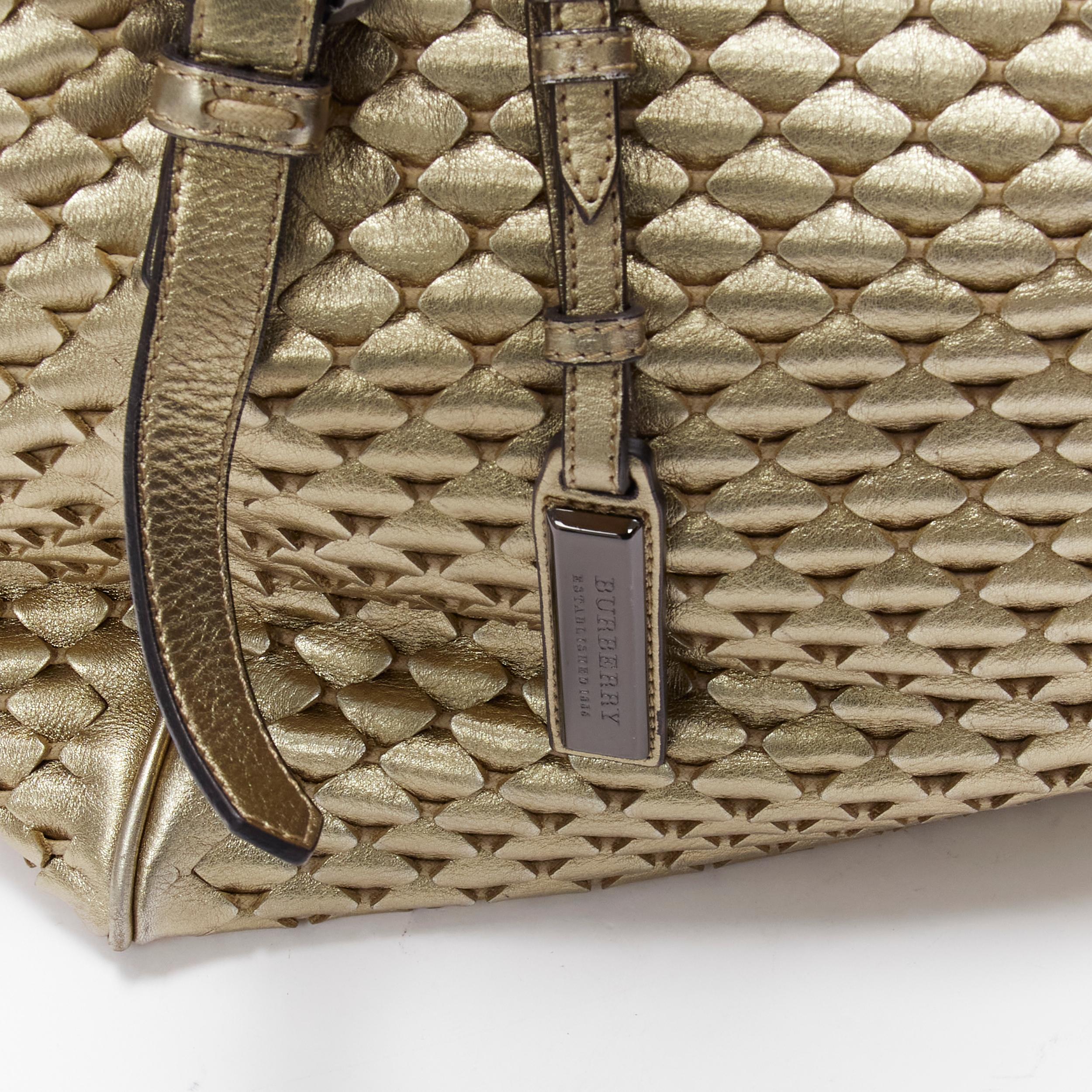BURBERRY LONDON gold woven textured leather belted large top handle tote bag 2