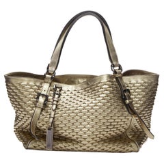 Used BURBERRY LONDON gold woven textured leather belted large top handle tote bag