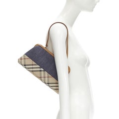 BURBERRY LONDON House Check blue denim brown leather top handle frame bag