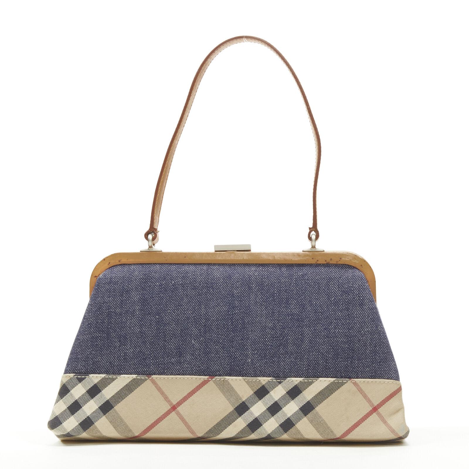 BURBERRY LONDON House Karierte Tasche aus blauem Denim und braunem Leder mit Griff oben 1