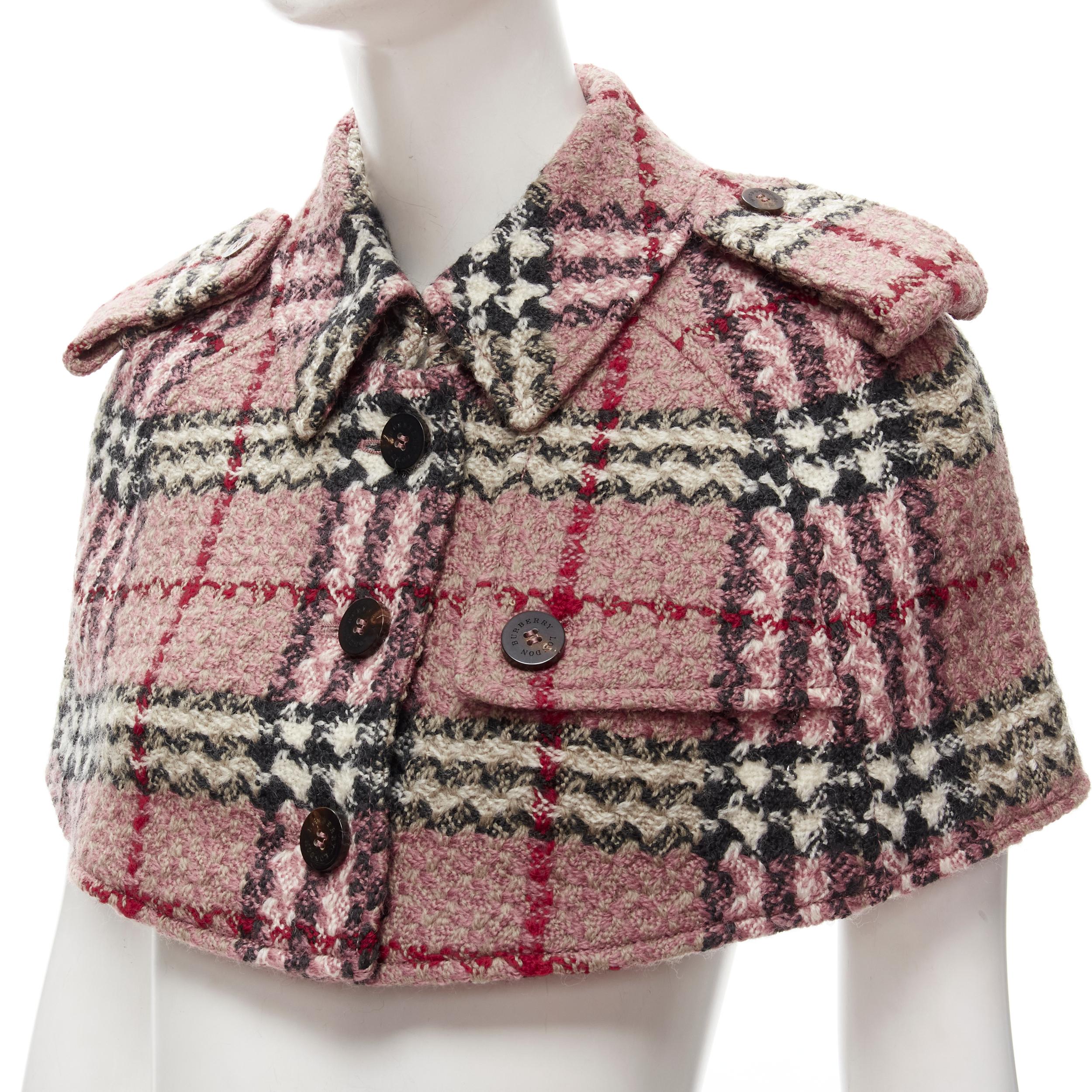 BURBERRY LONDON House Check pink wool boucle cropped capelet trench UK6 US4 S
Brand: Burberry
Collection: House Check 
Extra Detail: Capelet with trench coat detail. Double breasted front.

CONDITION:
Condition: Excellent, this item was pre-owned