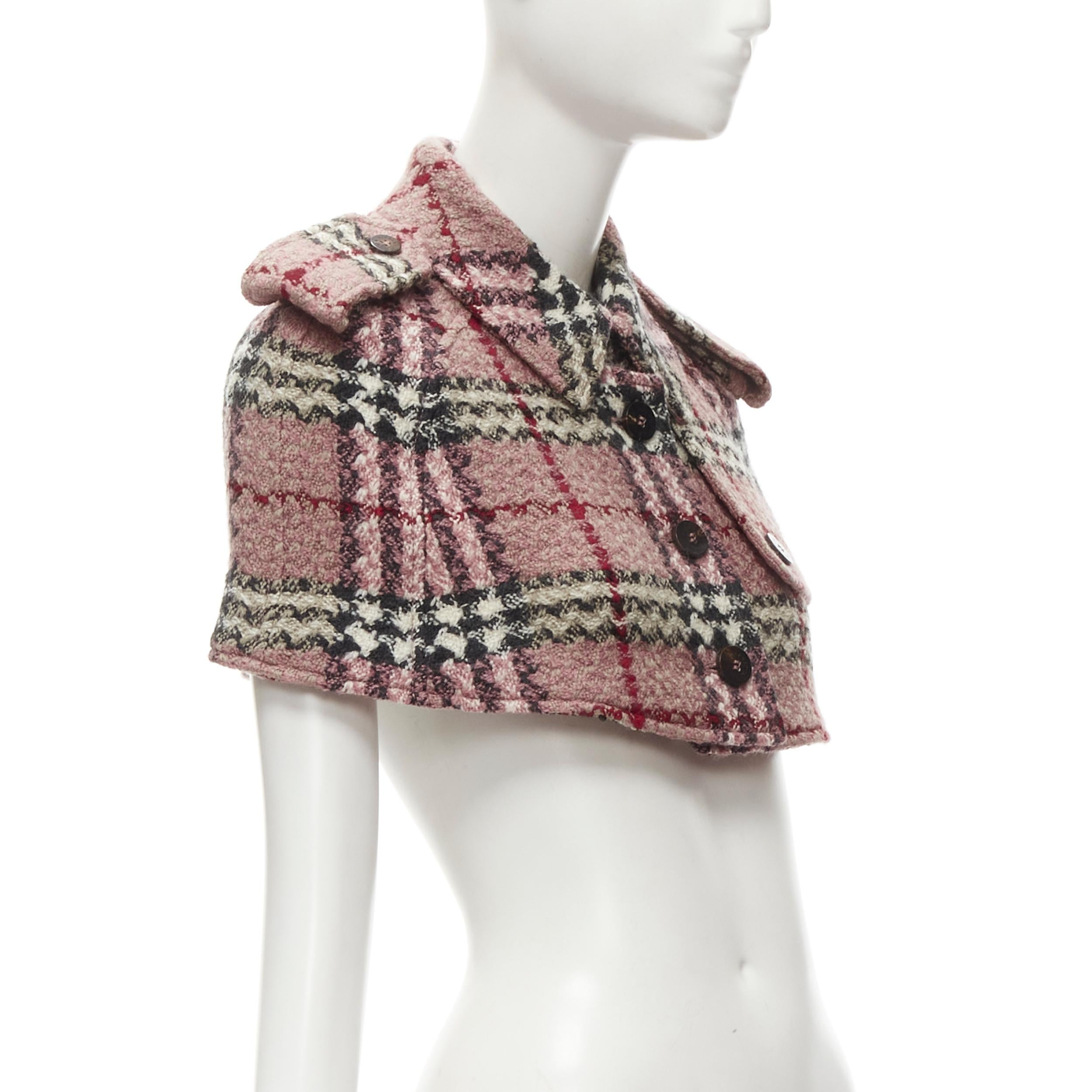 Gray BURBERRY LONDON House Check pink wool boucle cropped capelet trench UK6 US4 S