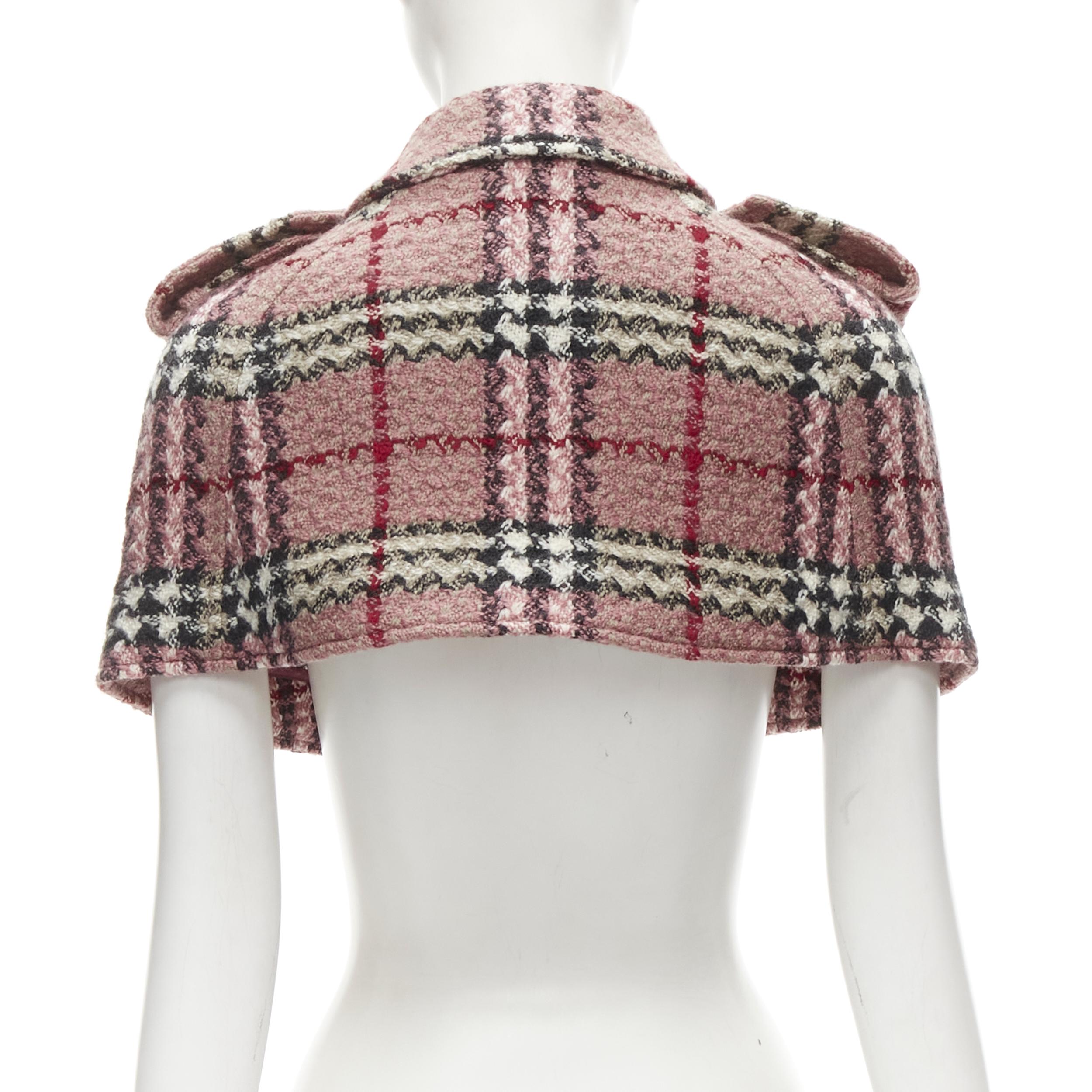 Women's BURBERRY LONDON House Check pink wool boucle cropped capelet trench UK6 US4 S
