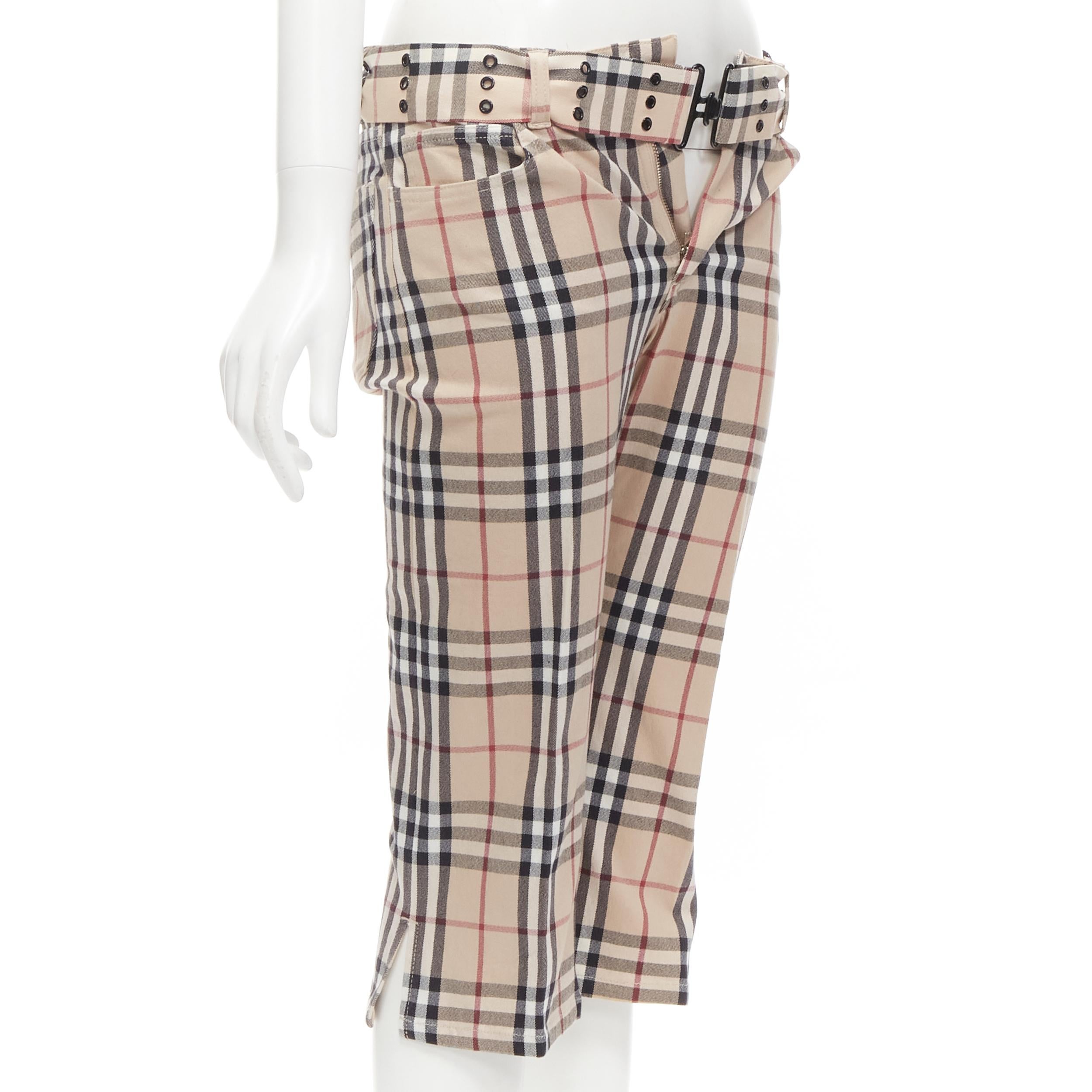 Beige BURBERRY LONDON House Check Signature brown belted cropped pants UK6 US4 S For Sale