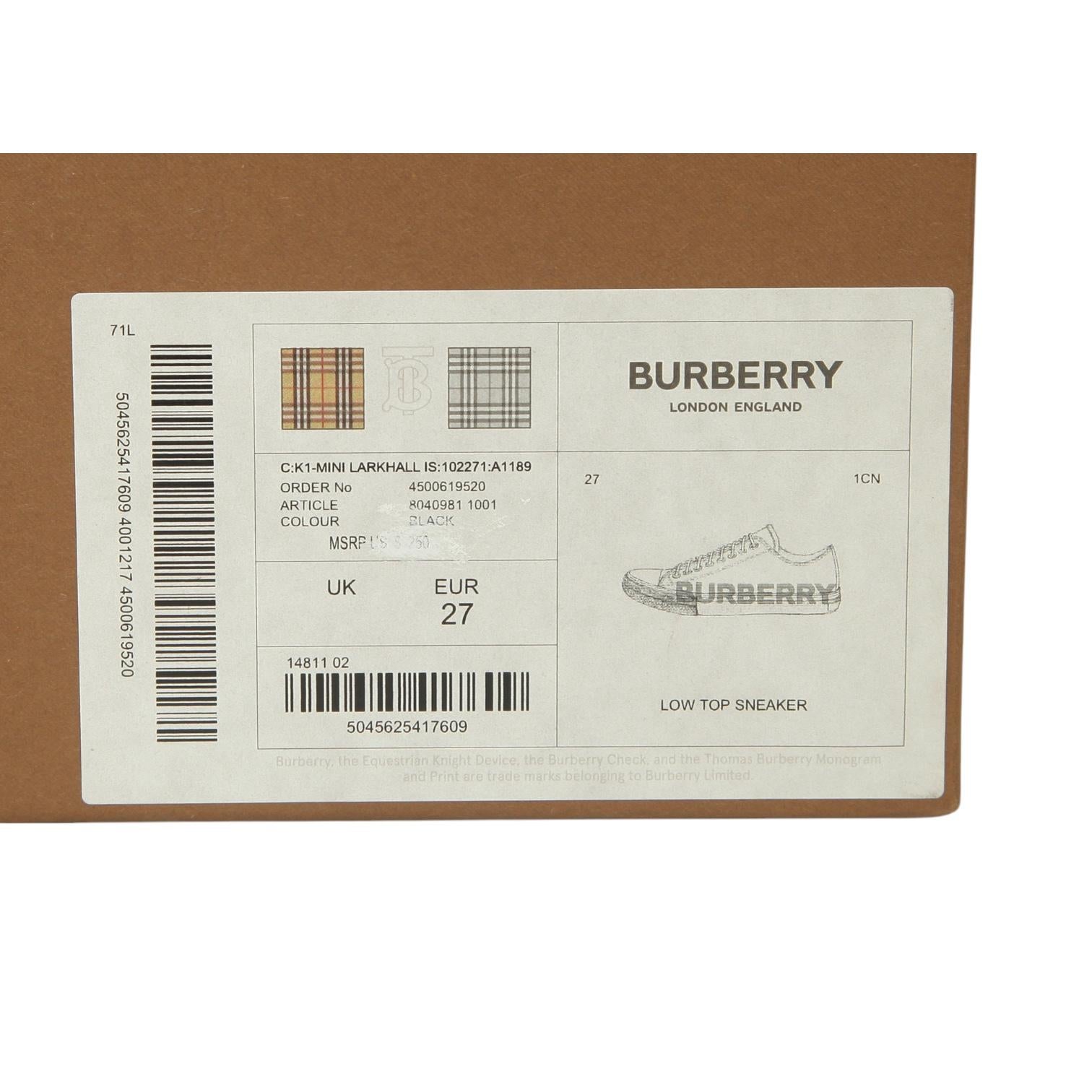 BURBERRY London Kid's Sneakers K1-MINI LARKHALL Black Low-Top Check Lace Up 27 For Sale 7