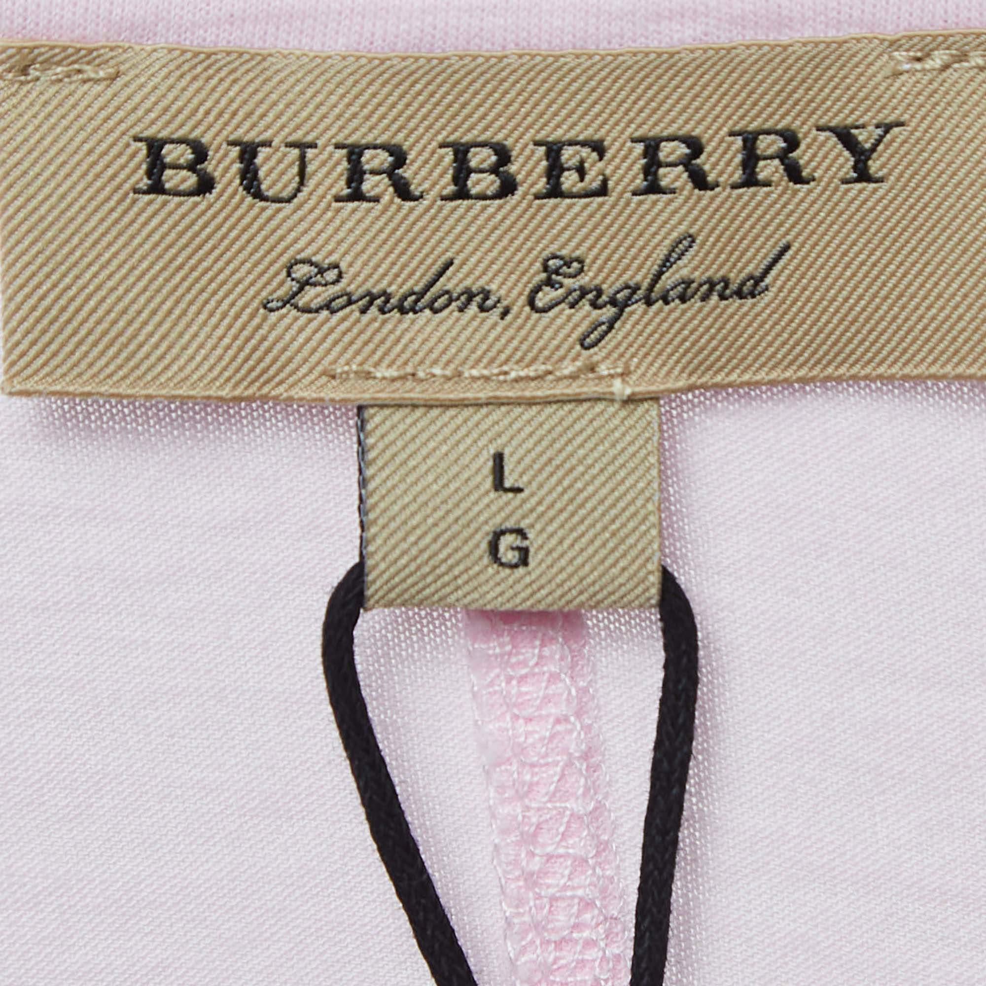 Burberry London Light Pink Logo Embroidered Cotton V-Neck T-Shirt L 1