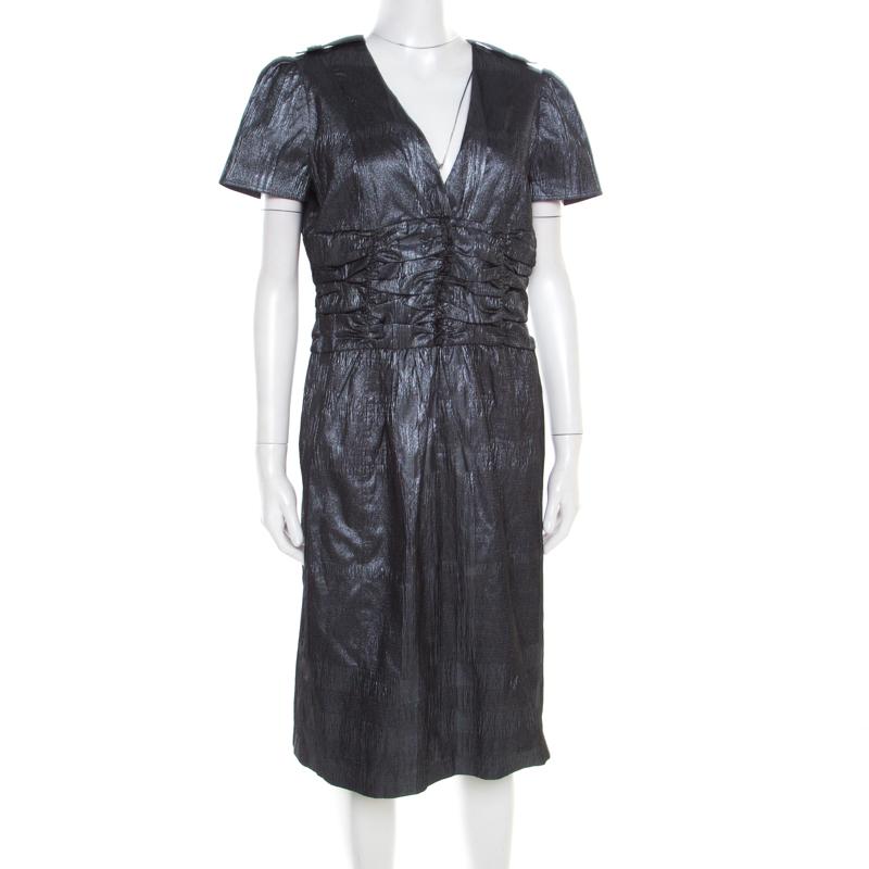 Burberry London Metallic Silver Jacquard Plunge Neck Short Sleeve Dress M  For Sale at 1stDibs