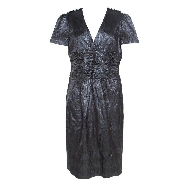 Burberry London Metallic Silver Jacquard Plunge Neck Short Sleeve Dress M For Sale