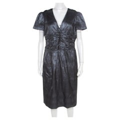 Burberry London Metallic Silver Jacquard Plunge Neck Short Sleeve Dress M