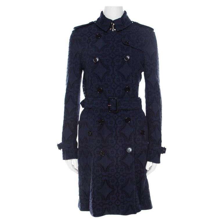 Burberry London Navy Blue Lace Double Breasted Trench Coat S