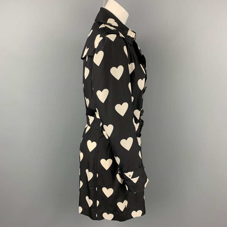 BURBERRY LONDON Size 10 Black and White Heart Print Silk / Wool Trench Coat  at 1stDibs