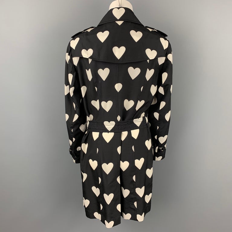 BURBERRY LONDON Size 10 Black and White Heart Print Silk / Wool Trench Coat  For Sale at 1stDibs