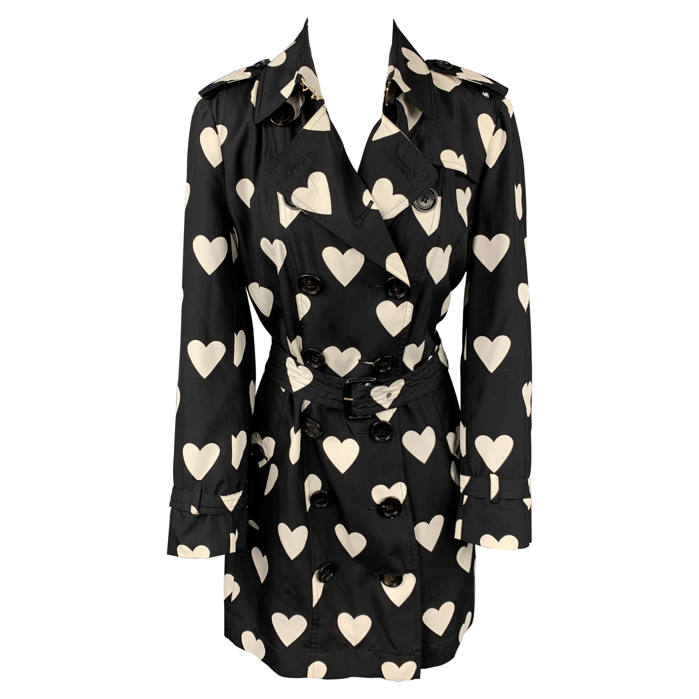 BURBERRY LONDON Size 10 Black & White Heart Print Silk / Wool Trench Coat