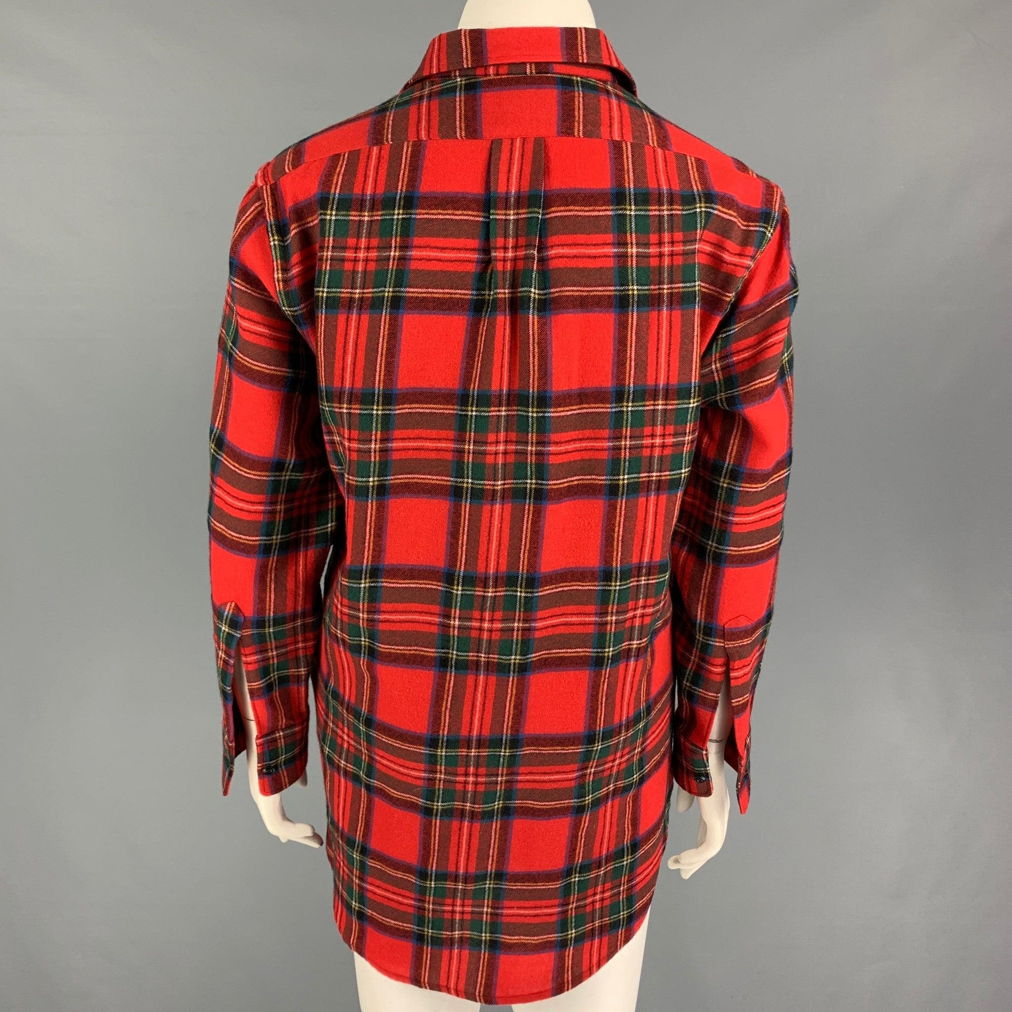 BURBERRY LONDON Size 10 Red Multi-Color Wool Plaid Button Up Shirt In Good Condition For Sale In San Francisco, CA