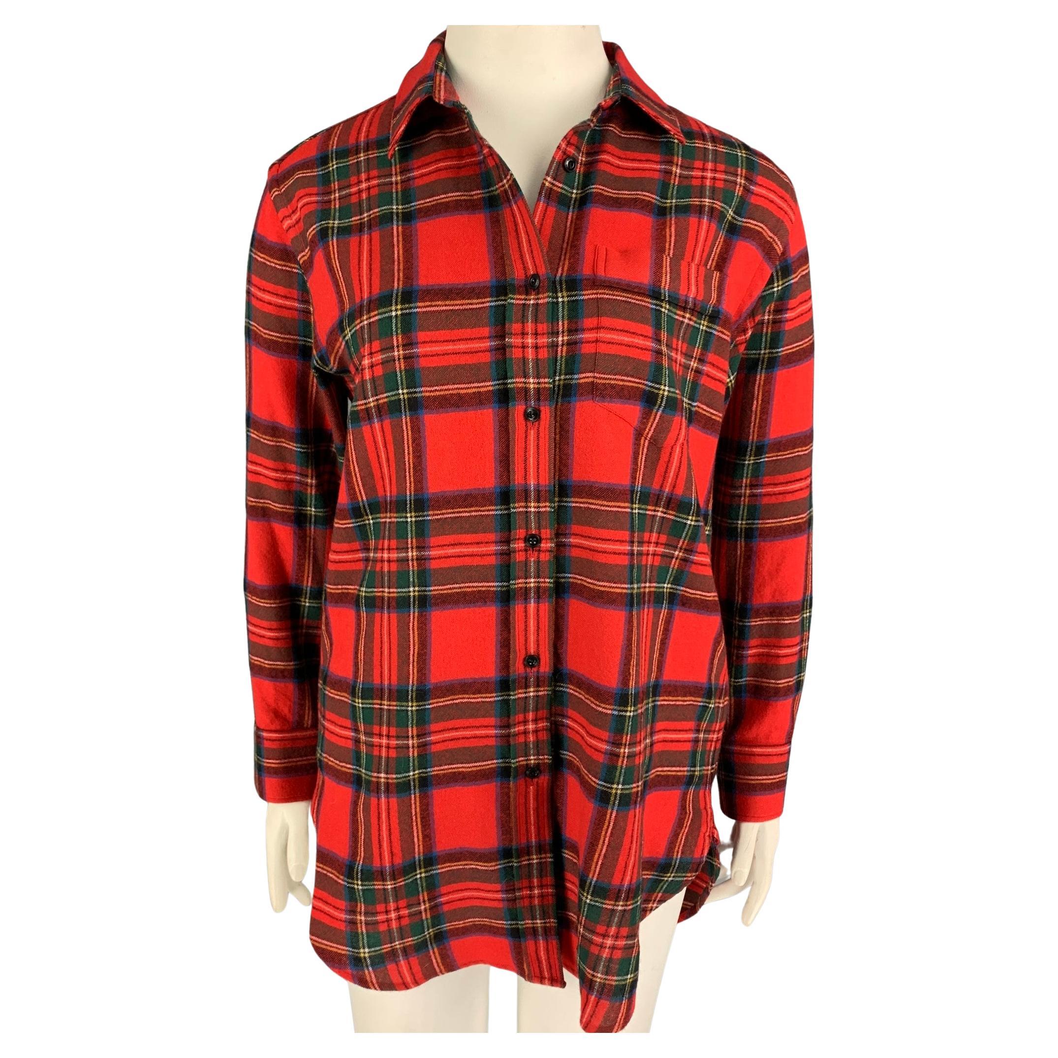 BURBERRY LONDON Size 10 Red Multi-Color Wool Plaid Button Up Shirt For Sale  at 1stDibs
