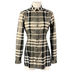 BURBERRY LONDON Size 4 Grey & Black Cream Polyester Plaid Long Sleeve Casual Top