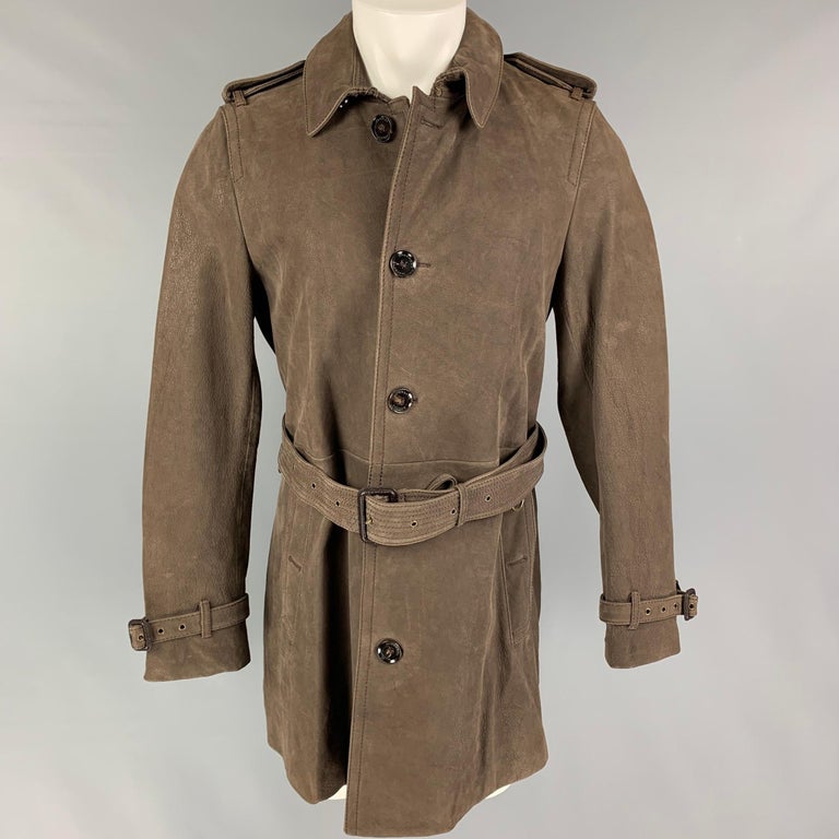 BURBERRY LONDON Size 40 Taupe Leather Single Breasted Belted Coat For Sale  at 1stDibs