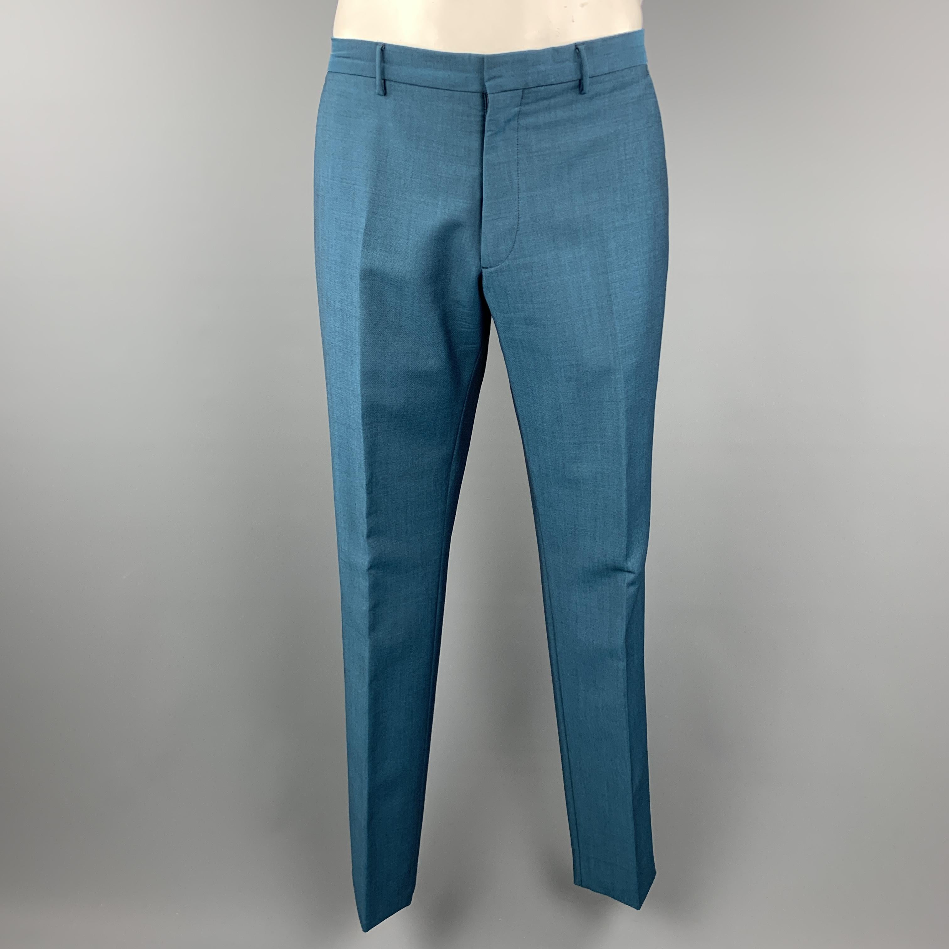 BURBERRY LONDON Size 42 Teal Sharkskin Wool / Mohair Notch Lapel Pants Suit 1