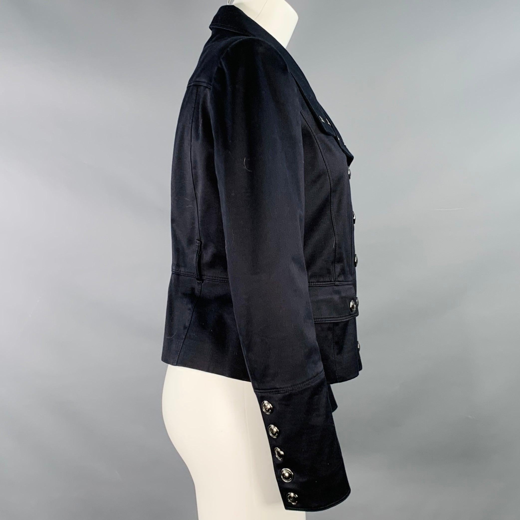 BURBERRY LONDON blazer
in a black cotton stretch blend featuring a double breasted style, two snap pockets, and snap closure.Good Pre-Owned Condition. Multiple moderate marks. 

Marked:   FR 40 

Measurements: 
 
Shoulder: 15.5 inches Bust: 37