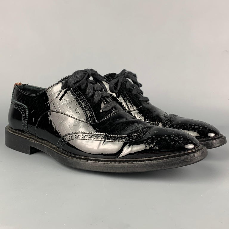 BURBERRY LONDON Size 9 Black Perforated Patent Leather Wingtip Lace Up Shoes  at 1stDibs