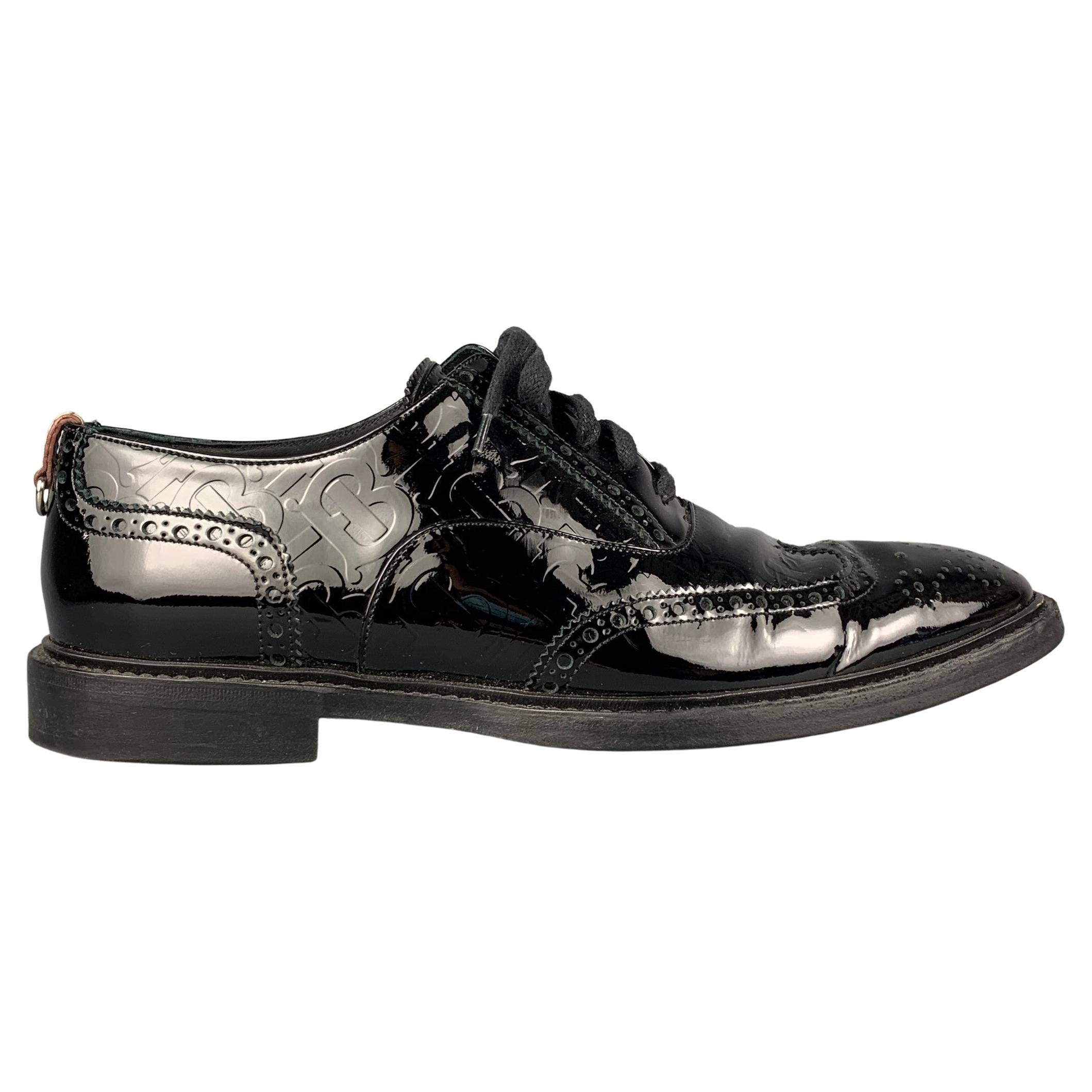 BURBERRY LONDON Size 9 Black Perforated Patent Leather Wingtip Lace Up Shoes
