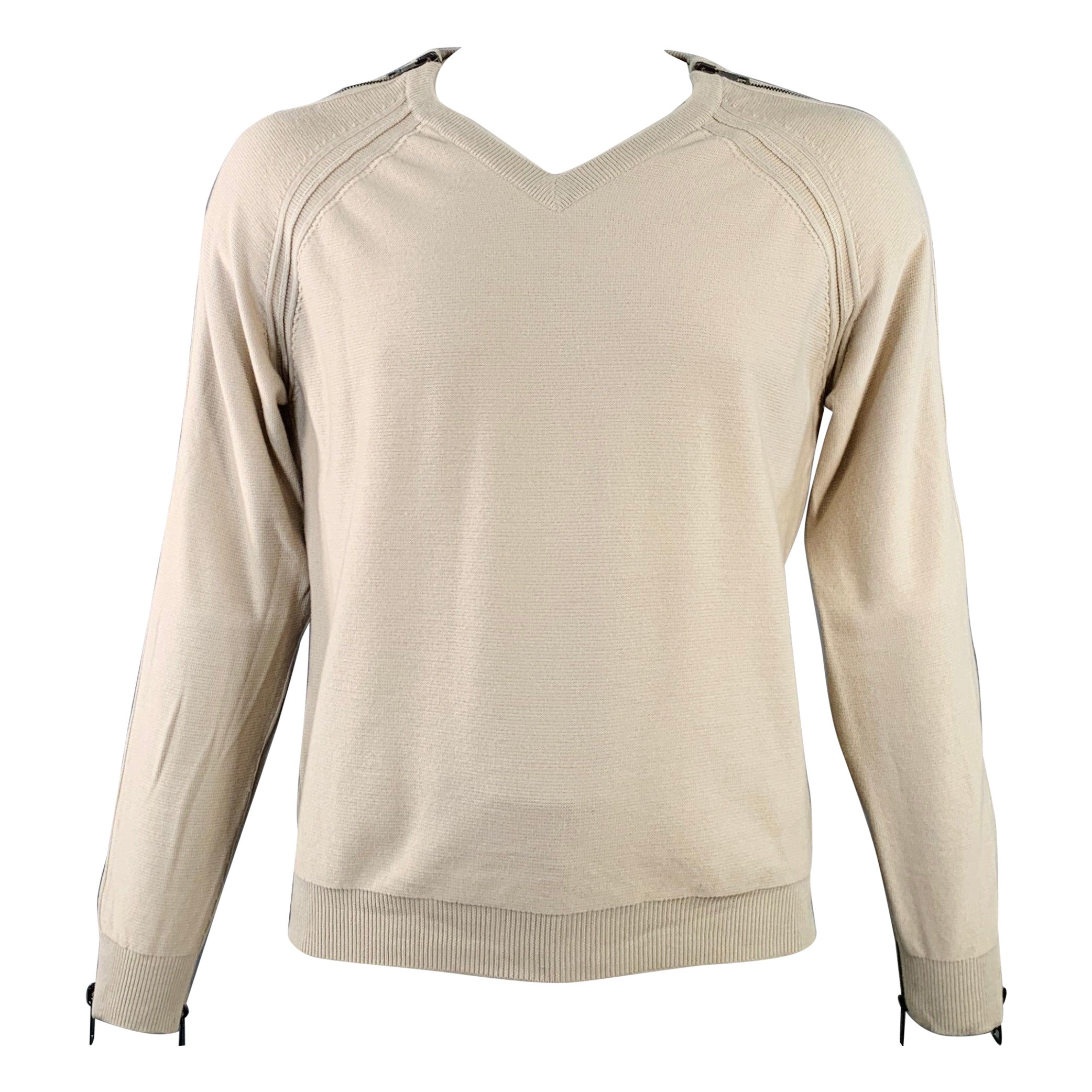 BURBERRY LONDON Size L Beige Silver Wool Cotton V-Neck Zipper Trim Sweater