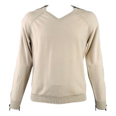 BURBERRY LONDON Size L Beige Silver Wool Cotton V-Neck Zipper Trim Sweater
