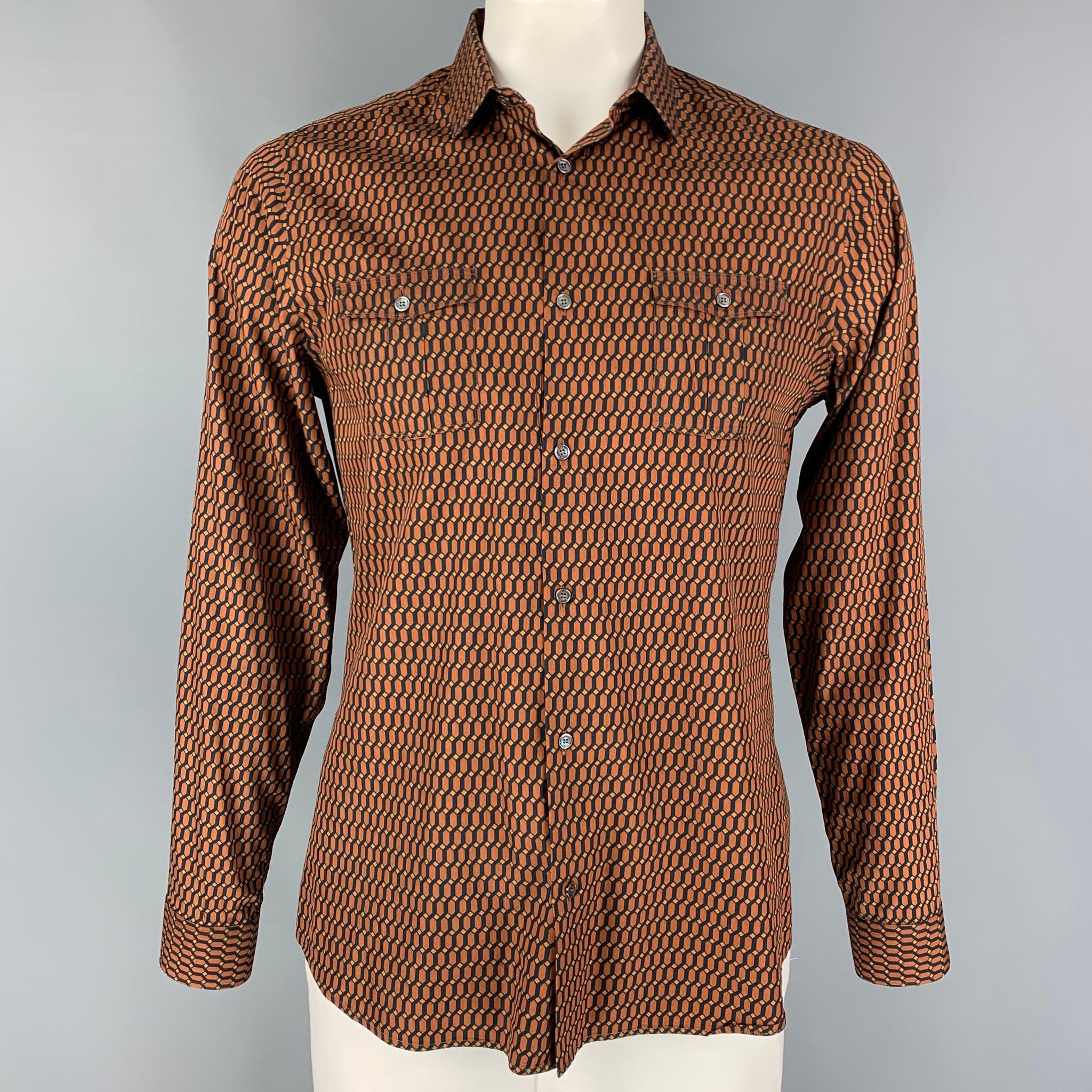 BURBERRY LONDON Size L Rust and Black Geometric Cotton / Silk Long Sleeve  Shirt For Sale at 1stDibs