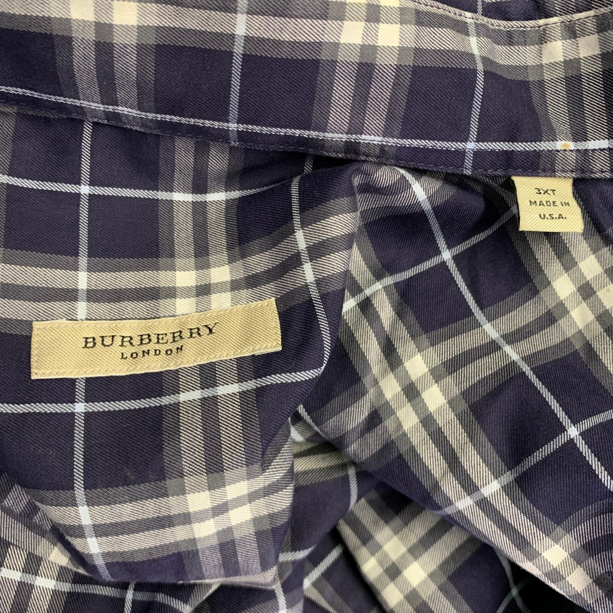 Men's BURBERRY LONDON Size XXXL Purple White & Grey Plaid Cotton Long Sleeve Shirt For Sale
