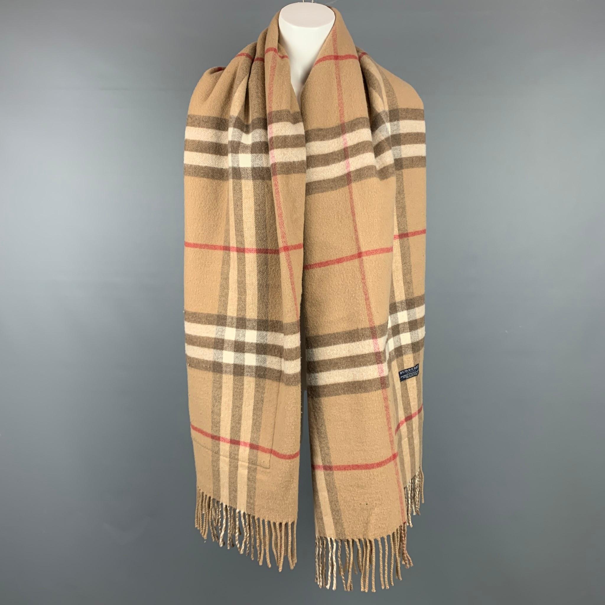 BURBERRY LONDON Tan & Brown Plaid Merino Wool / Cashmere Scarf In Good Condition In San Francisco, CA
