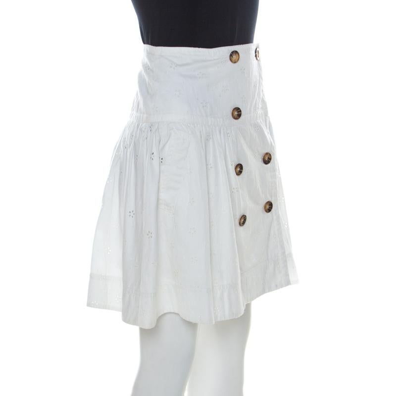 Gray Burberry London White Eyelet Cotton Button Front Short Flared Skirt S