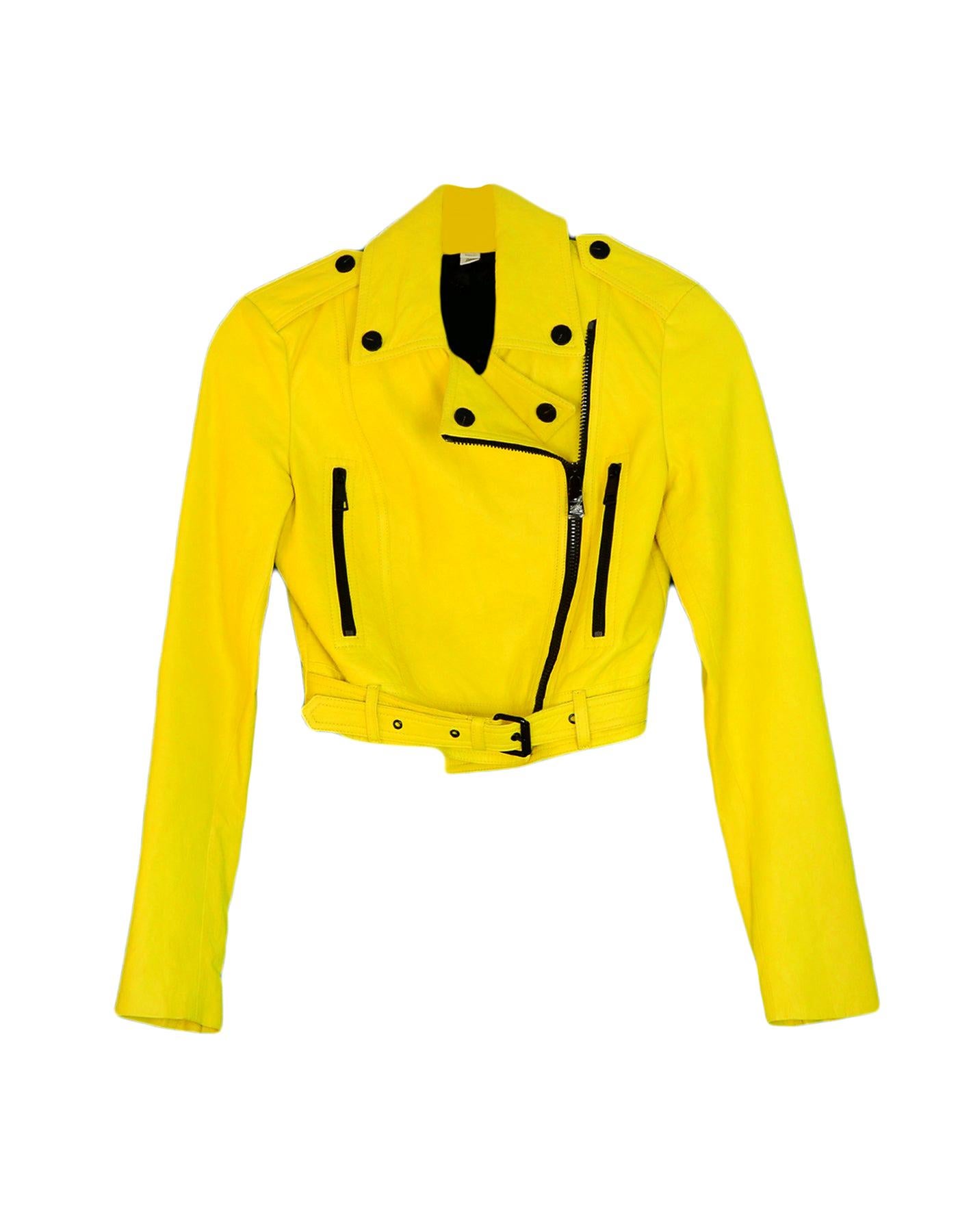 Burberry London Yellow Leather Moto Jacket w Black Zippers sz 2
