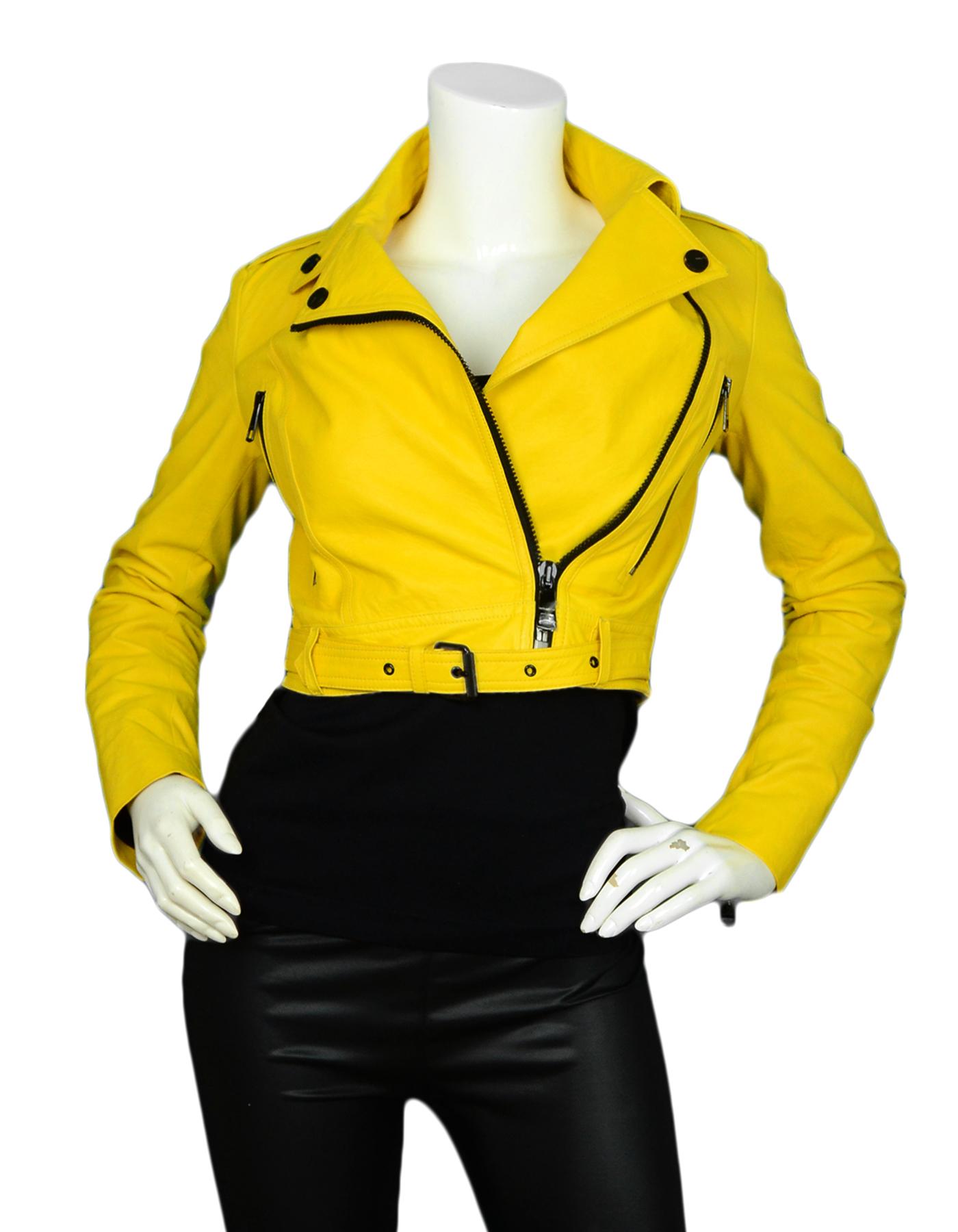 Burberry London Yellow Moto Jacket with Black Zippers sz 2

Made In: Tunisia
Color: Yellow
Materials: 100% Lambskin
Lining: 51% Viscose, 49% Acetate
Opening/Closure: Front zip
Overall Condition: Excellent pre-owned condition, with the exception of
